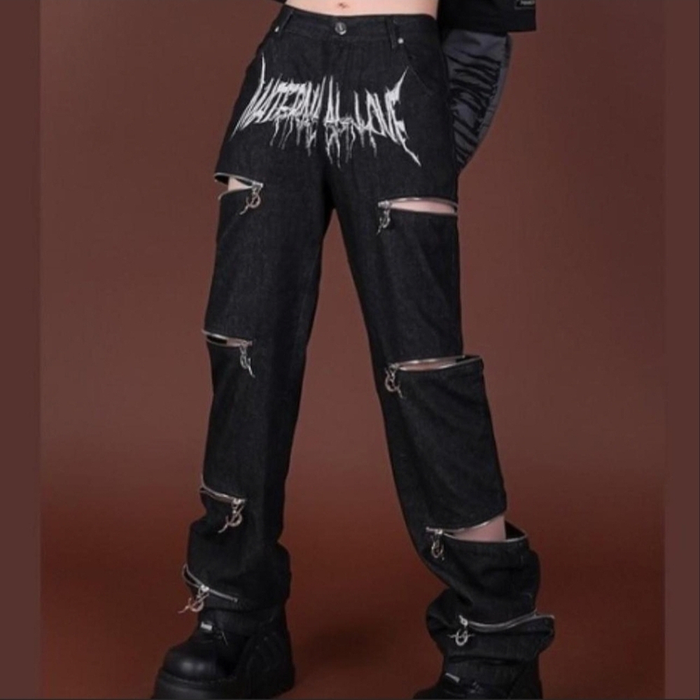 Black and White Women's Straight Leg Jeans with Zipper Details